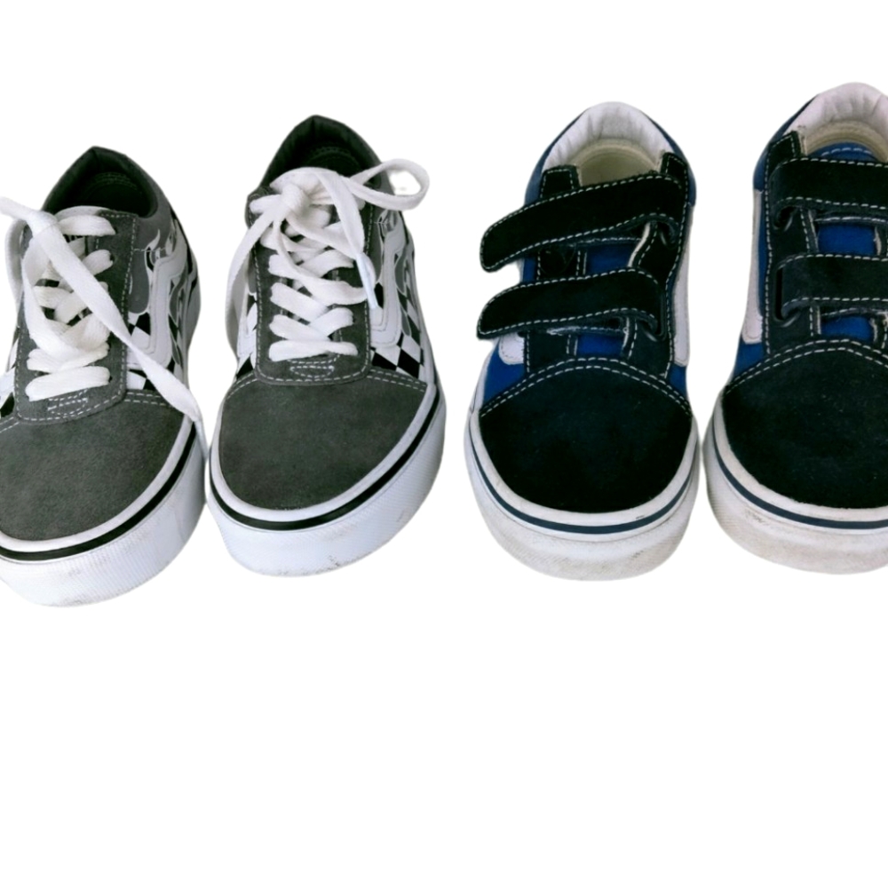 Two pair of Boys Vans size 1 black white and gray and blue and white